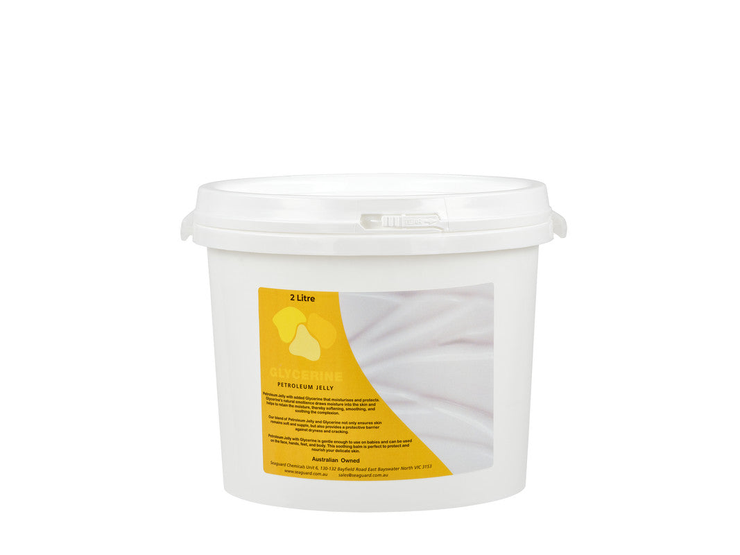 White plastic container with a yellow label on a white background