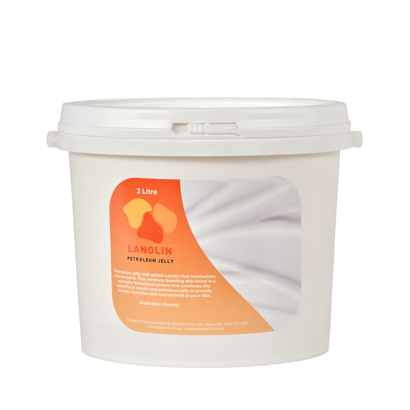 White container of lanolin petroleum jelly with orange label on a white background