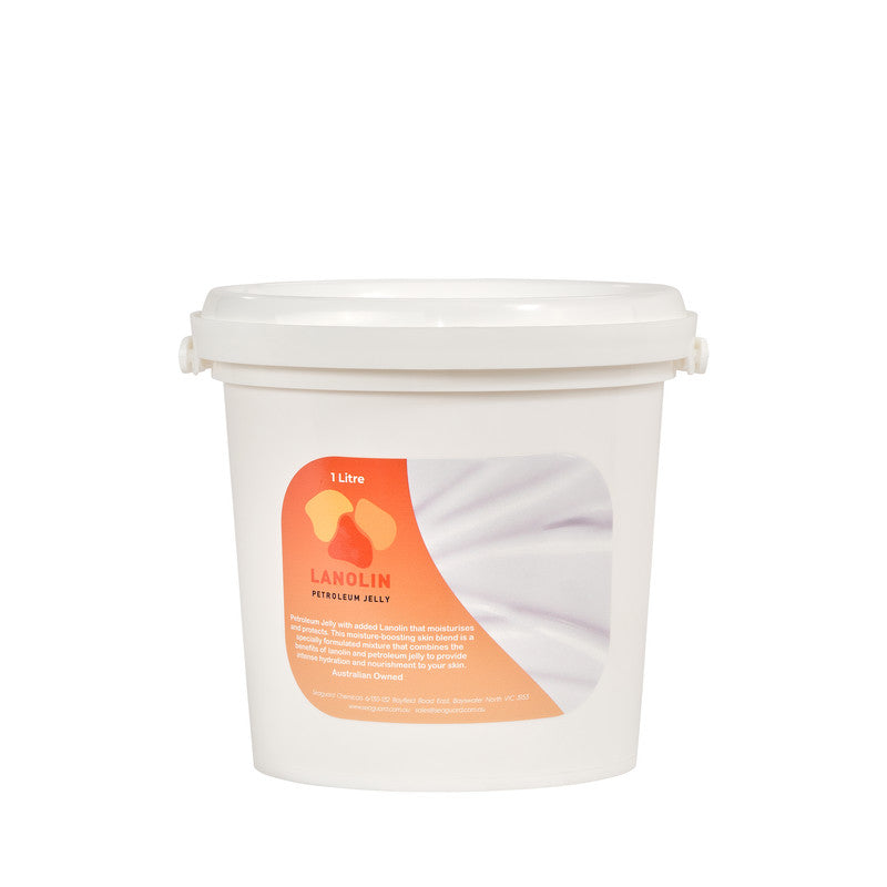 White container of lanolin petroleum jelly with a label on a white background