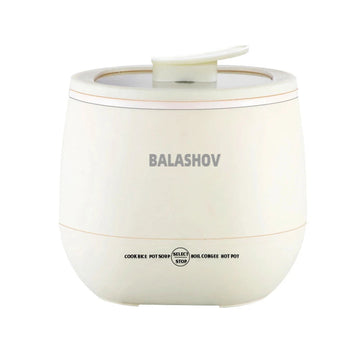 White ceramic pot with lid on a white background, featuring the brand 'Balashov'.