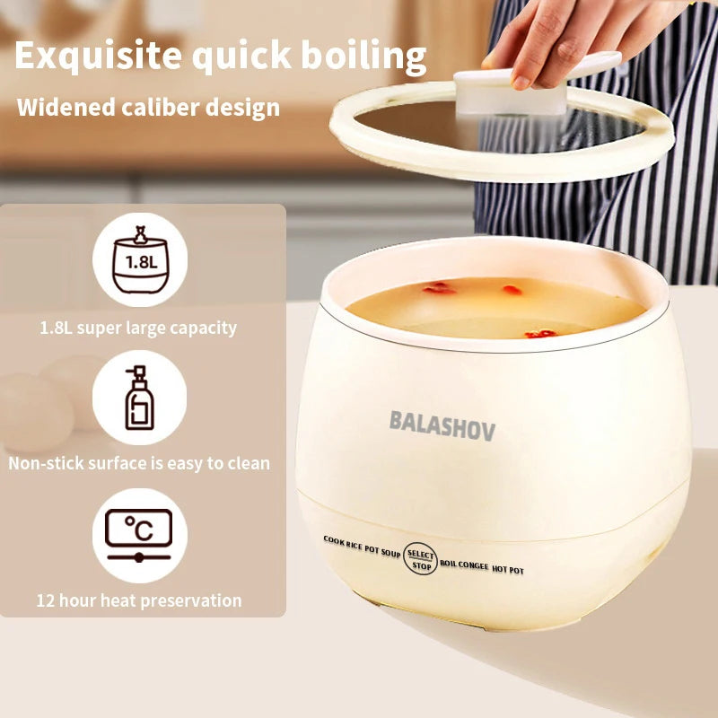 Balashov rice cooker with text highlighting features on a neutral background
