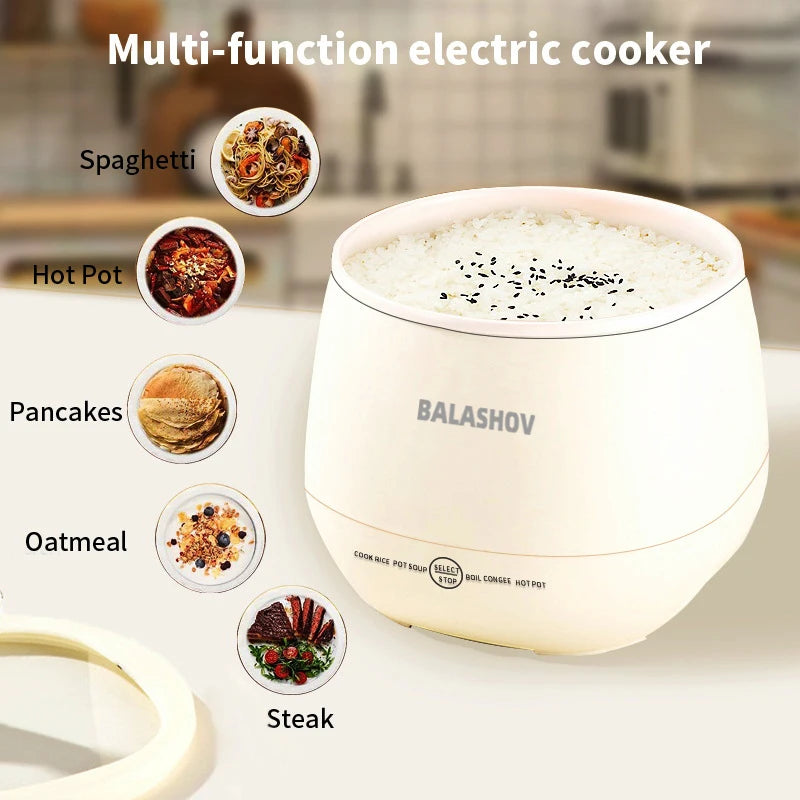 Multi-function electric cooker with various food items displayed on a blurred kitchen background