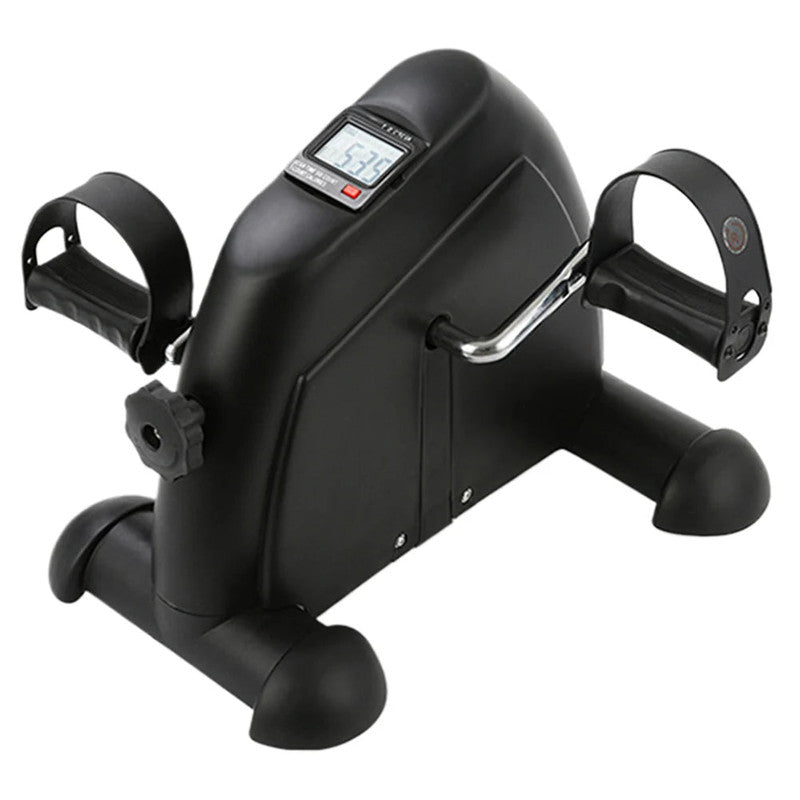 Black mini exercise bike with digital display on a white background