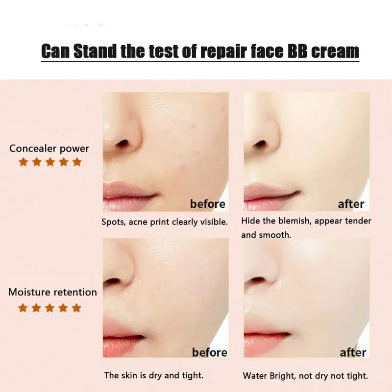 Before and after effects of repair face BB cream on skin with visible improvements.
