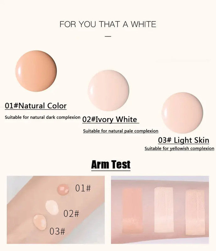 Cosmetic color swatches for natural dark, ivory white, and light skin tones with arm test application.