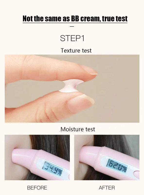 Product texture and moisture test on skin with digital moisture meters showing before and after readings.