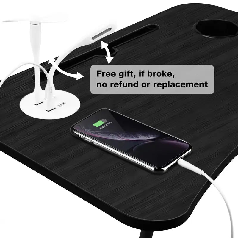 Black tray with phone charging, USB hub, and text about free gift and terms.