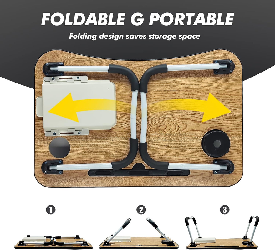 Foldable and portable design with wooden surface and arrows indicating folding mechanism.