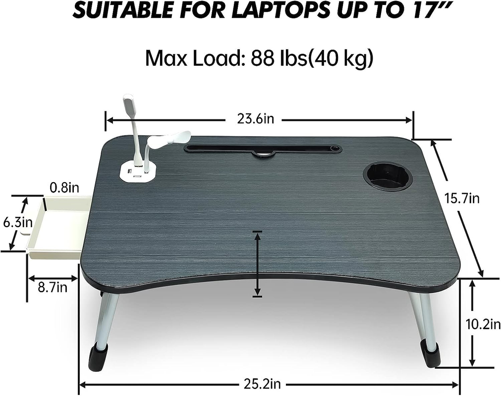 Portable laptop desk with dimensions and weight capacity on a white background