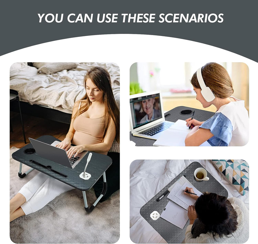 Collage of people using a portable laptop desk in various settings.