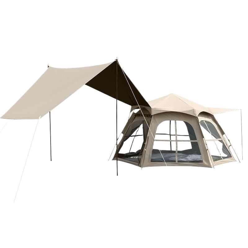 Camping tent with attached tarp on a white background