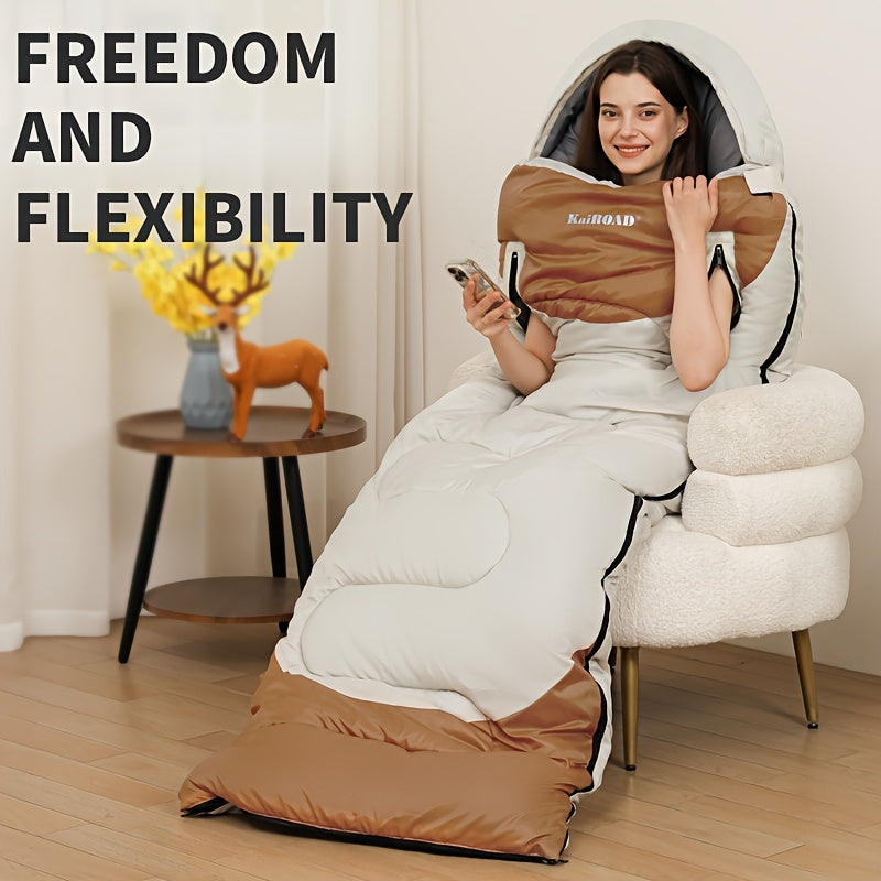 Person using a portable chair with a blanket, sitting on a wooden floor with decorative elements.