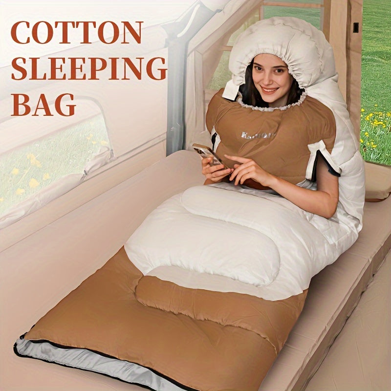 Person using a cotton sleeping bag in a vehicle with 'Cotton Sleeping Bag' text.