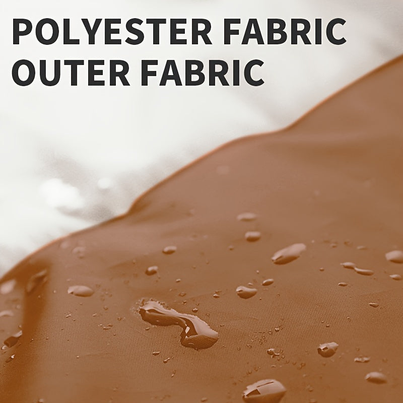 Brown fabric with water droplets and text 'POLYESTER FABRIC OUTER FABRIC' on a white background