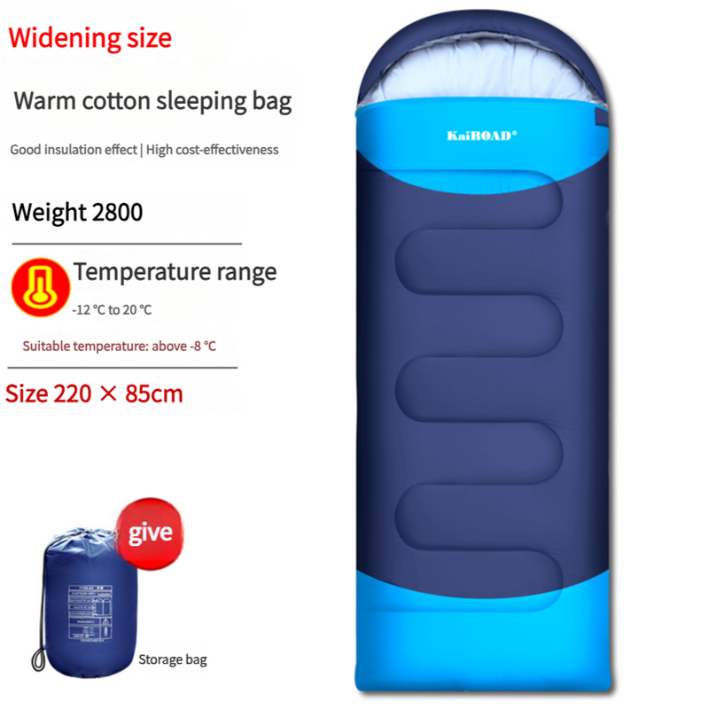 Blue and white sleeping bag with specifications on a white background