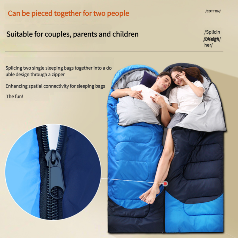 Two people lying in a blue and black sleeping bag with a zipper, suitable for couples, parents, and children.