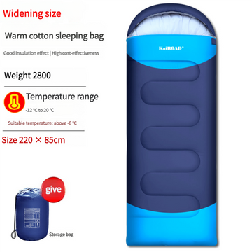 Blue and white sleeping bag with specifications on a white background