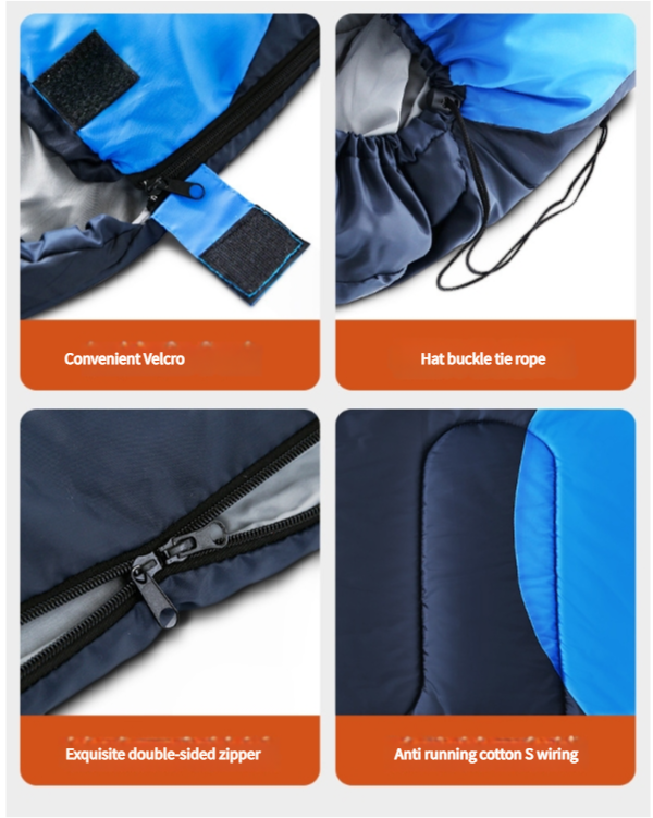 Collage of features of a blue and gray bag with text labels on a white background.