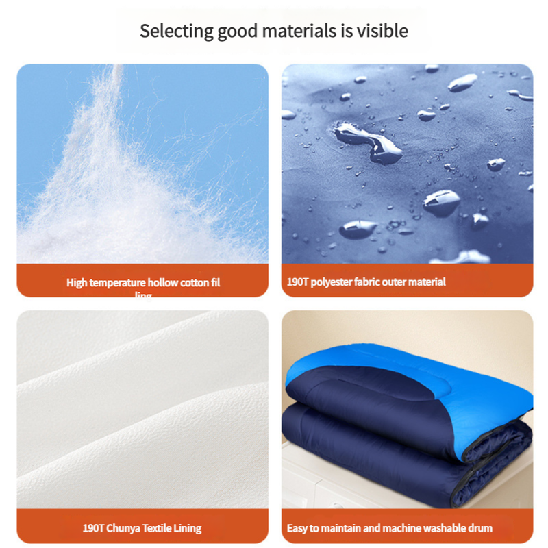 Collage of materials used in a product with water resistance, fabric texture, and washing features.
