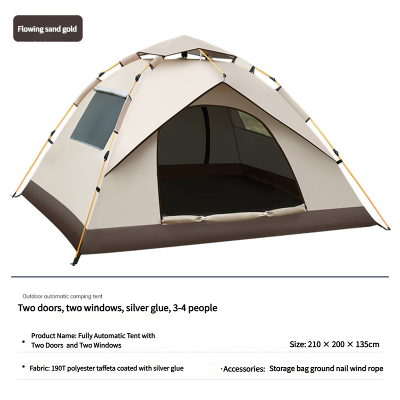 Beige camping tent with text detailing features and specifications on a white background