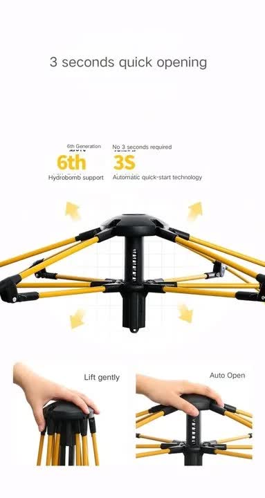 Yellow and black folding stand with text on quick opening time and features.