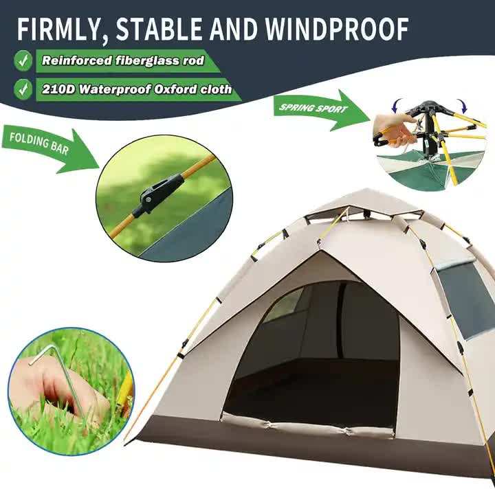 Camping tent with reinforced fiberglass rod and waterproof Oxford cloth features on a white background.