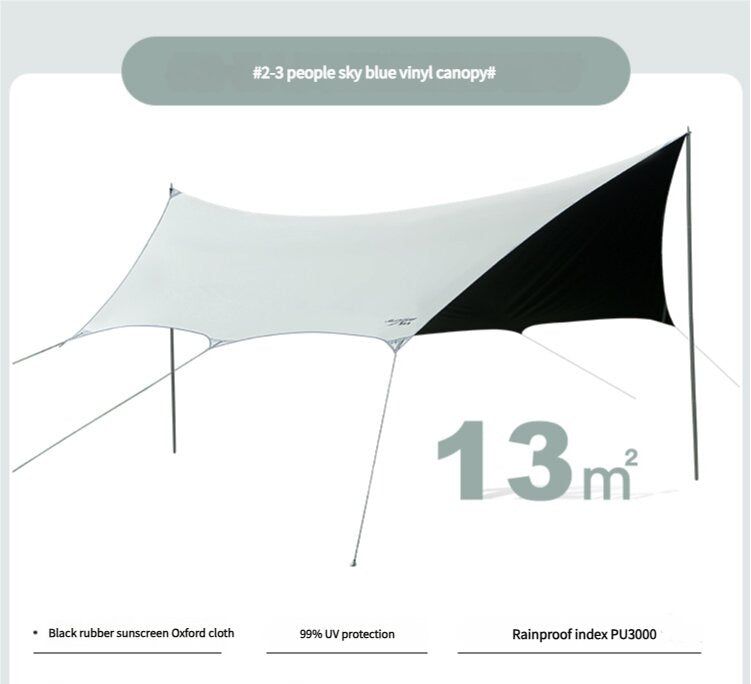 Sky blue vinyl canopy with black rubber sunscreen Oxford cloth, 99% UV protection, and rainproof index PU3000 on a white background.
