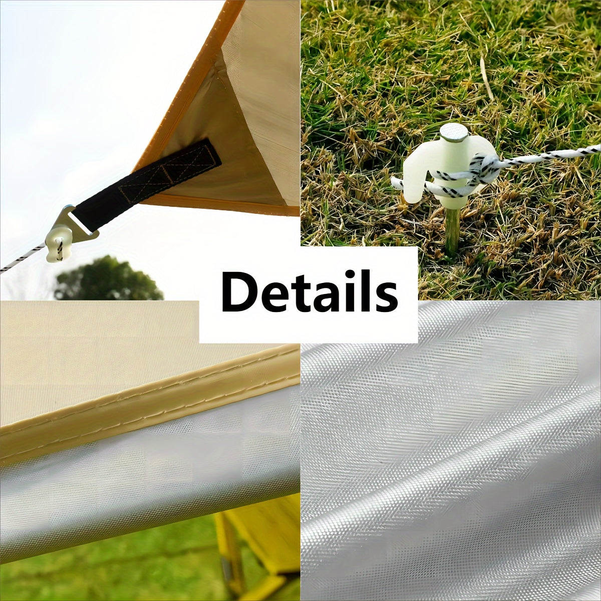 Collage of tent hardware and materials with text 'Details' on a grassy background.