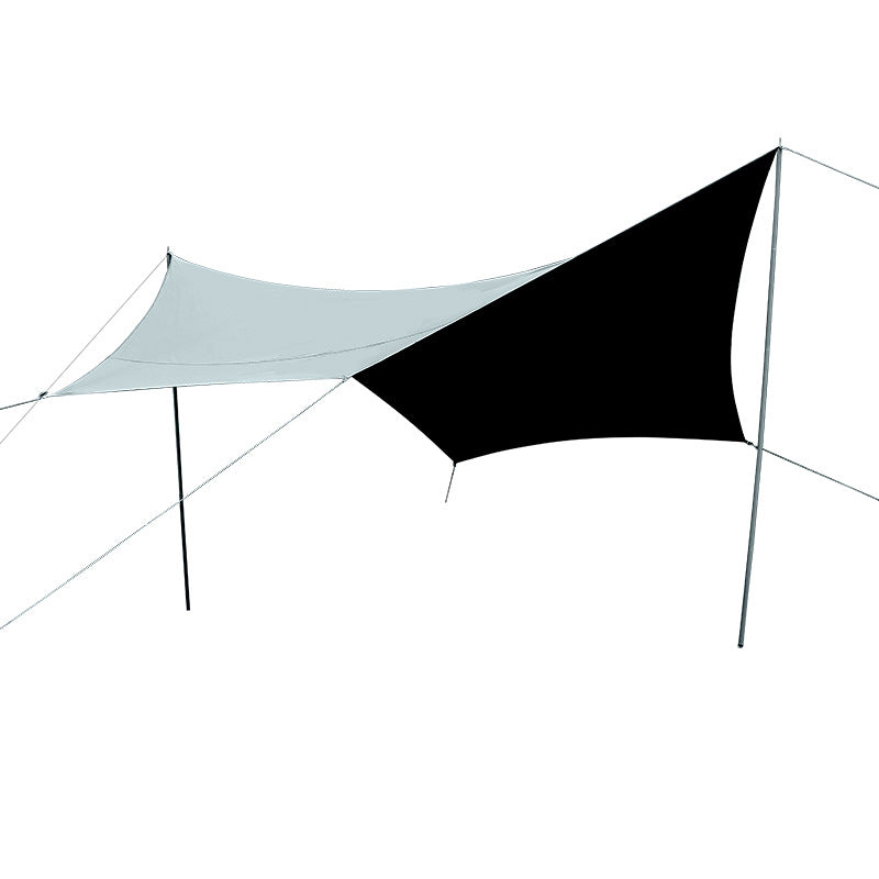 Black and light gray tent with a white background
