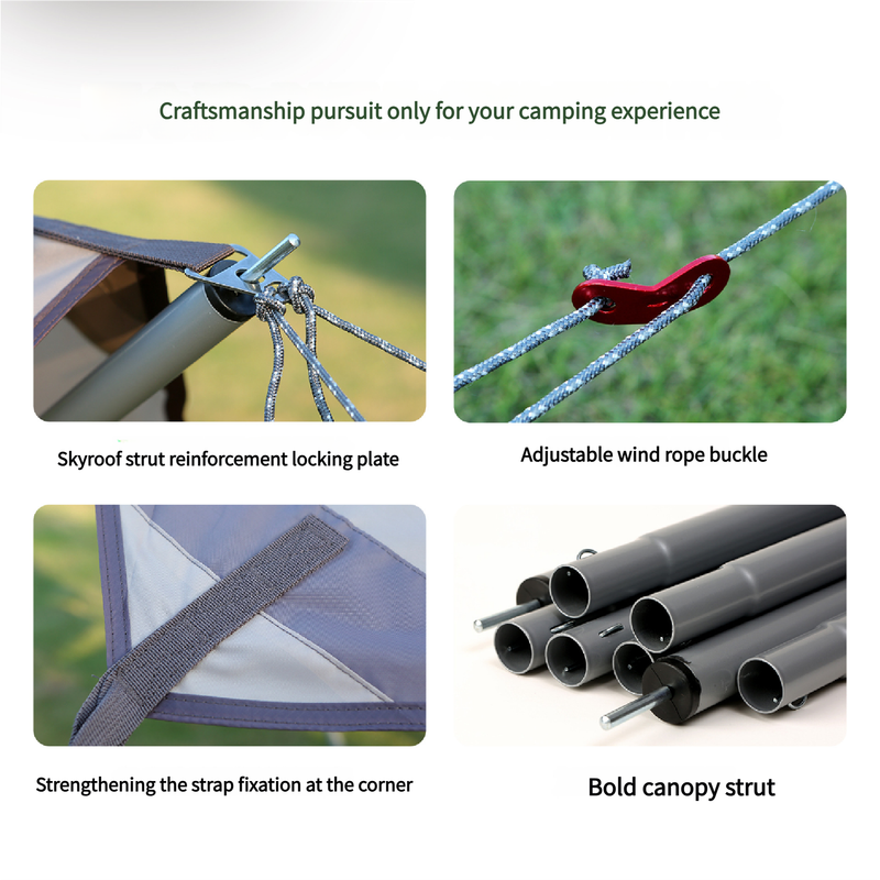 Camping equipment components with text highlighting features for a camping experience.
