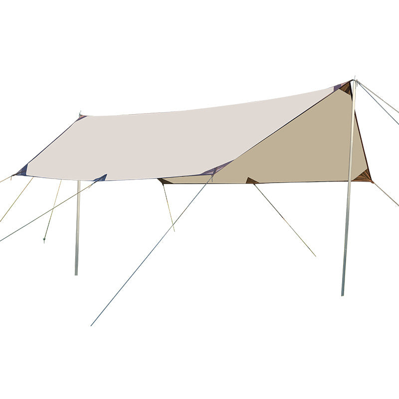Beige camping tarp with metal stakes on a white background