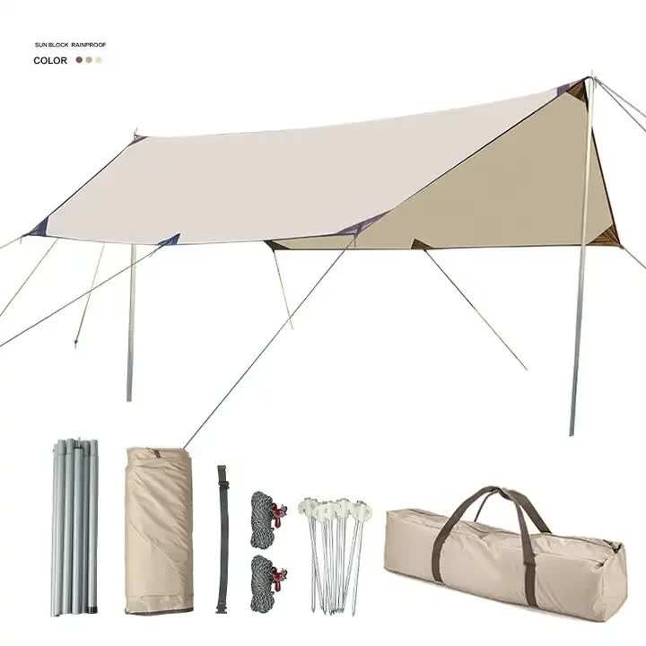 Camping tarp with accessories on a white background