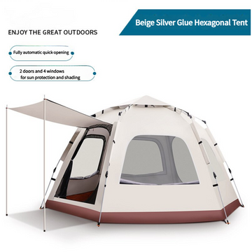 Beige silver glue hexagonal tent with features listed on a white background