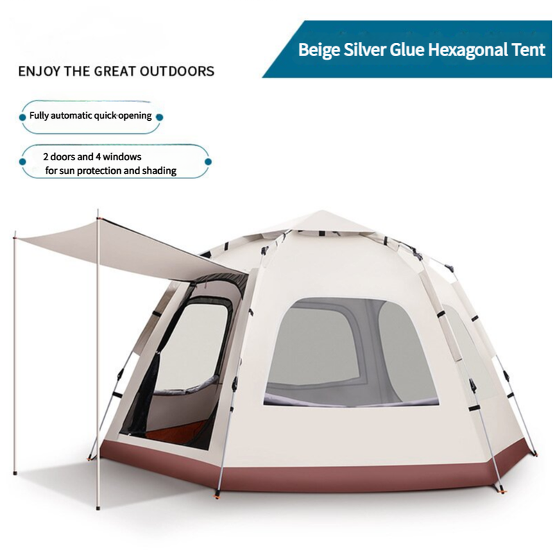 Beige silver glue hexagonal tent with features listed on a white background