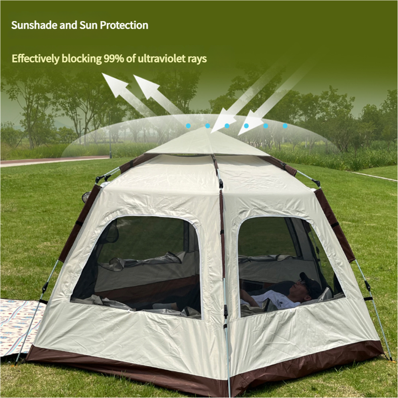 Camping tent with sunshade and UV protection features on a grassy field.