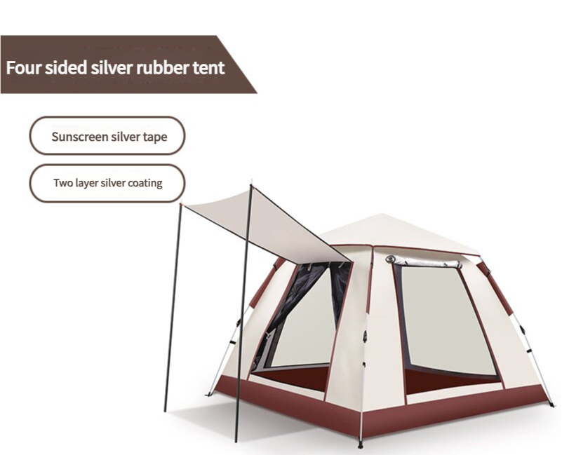 Four-sided silver rubber tent with text on a white background