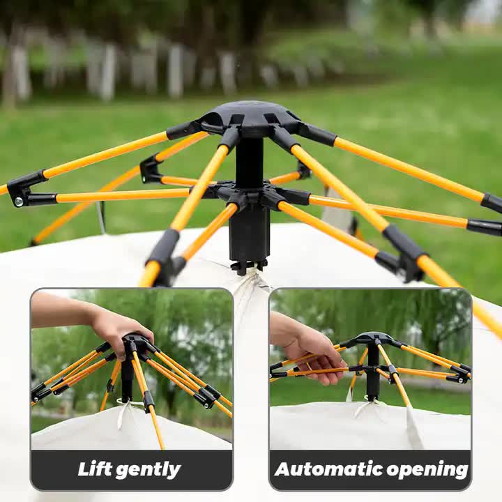 Outdoor umbrella with mechanical stand and instructions on how to use it.