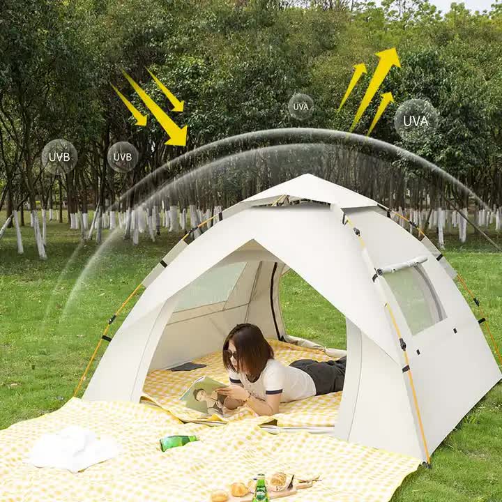 Person lying inside a tent with UVA and UVB protection graphics, surrounded by nature.
