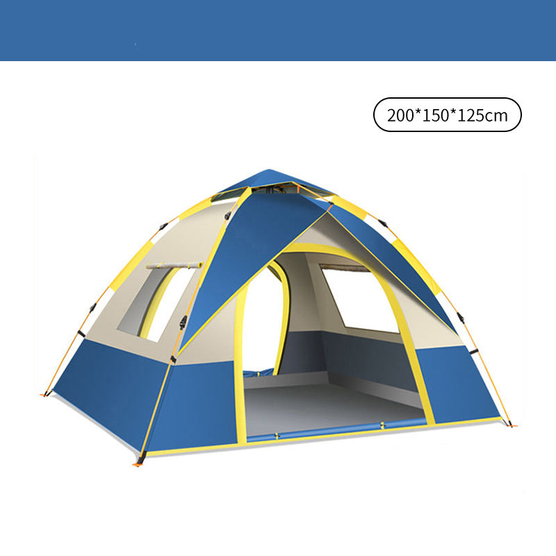Blue and yellow tent with dimensions on a white background