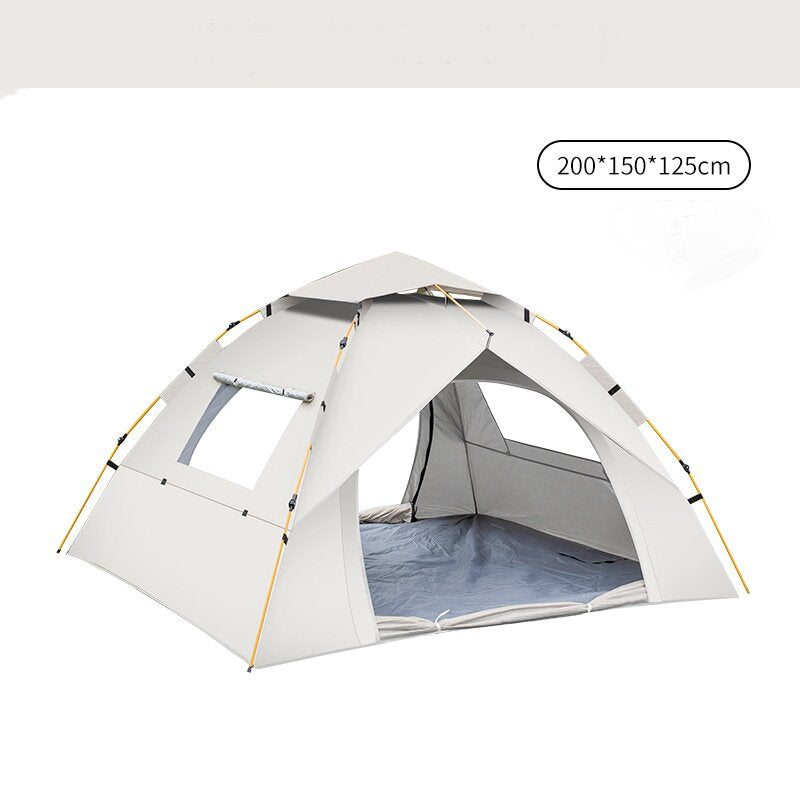 White camping tent with dimensions displayed on a white background
