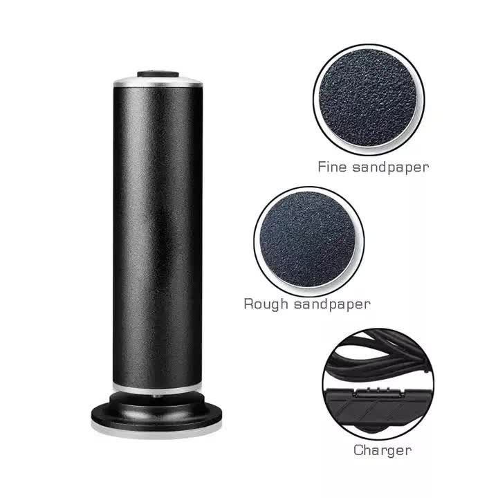 Black cylindrical device with sandpaper and charger illustrations on a white background