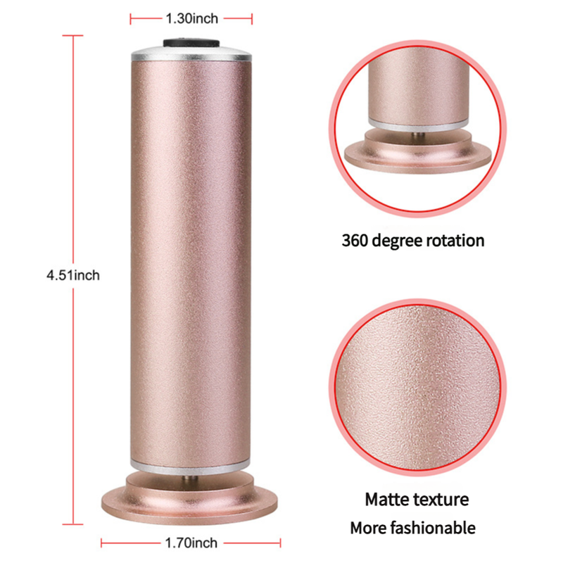 Rose gold cylindrical product with measurements and texture details on a white background