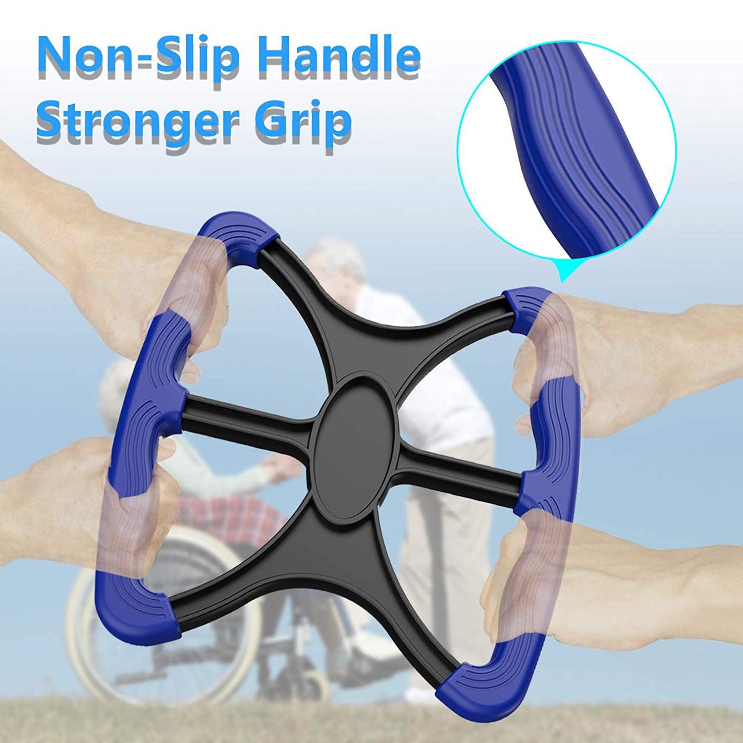 Handheld tool with blue handles and black frame, showing 'Non-Slip Handle Stronger Grip' text.