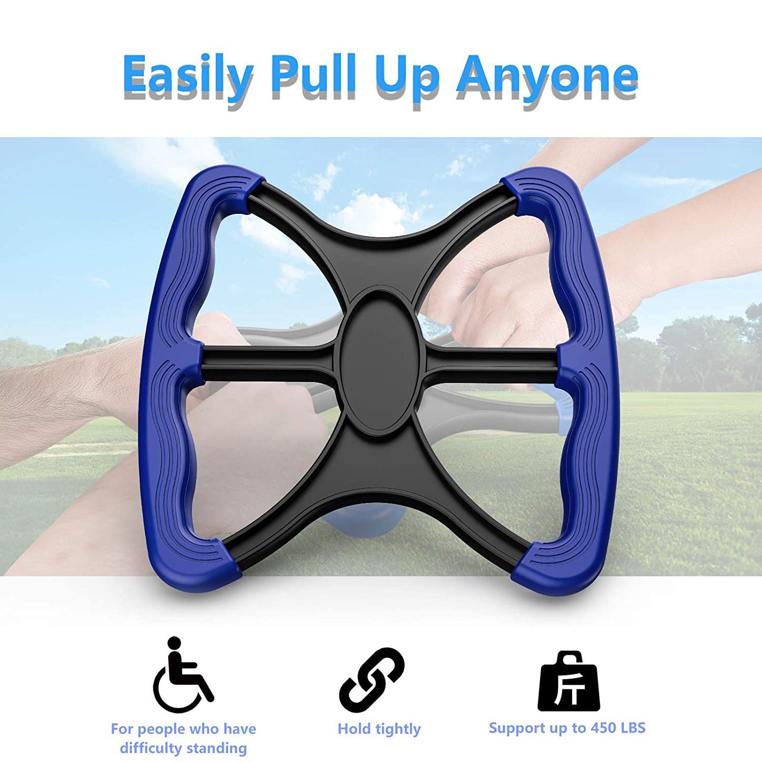 Blue and black pull-up assist device with text indicating its use for people with difficulty standing, holding tightly, and support capacity.