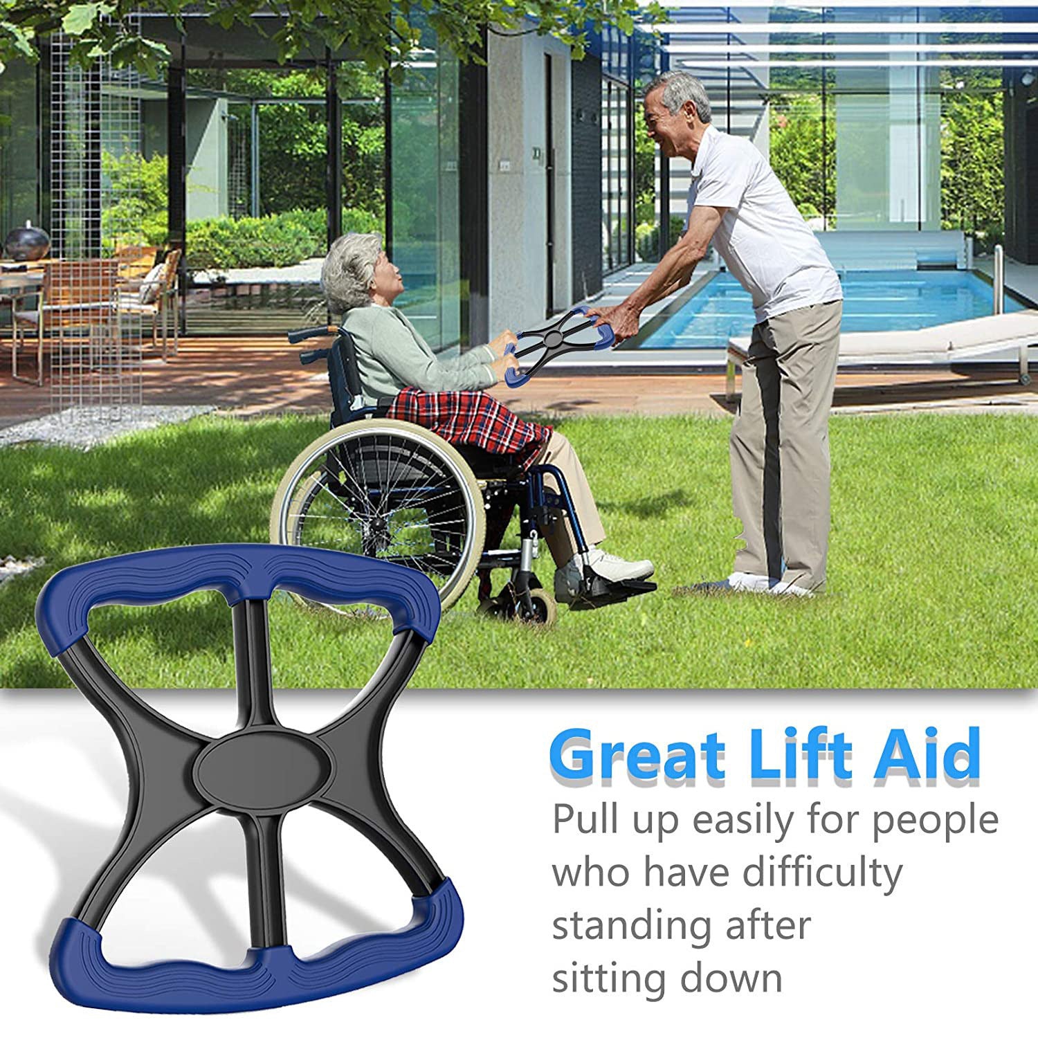 Person using a 'Great Lift Aid' product to assist an elderly person in a wheelchair outdoors.
