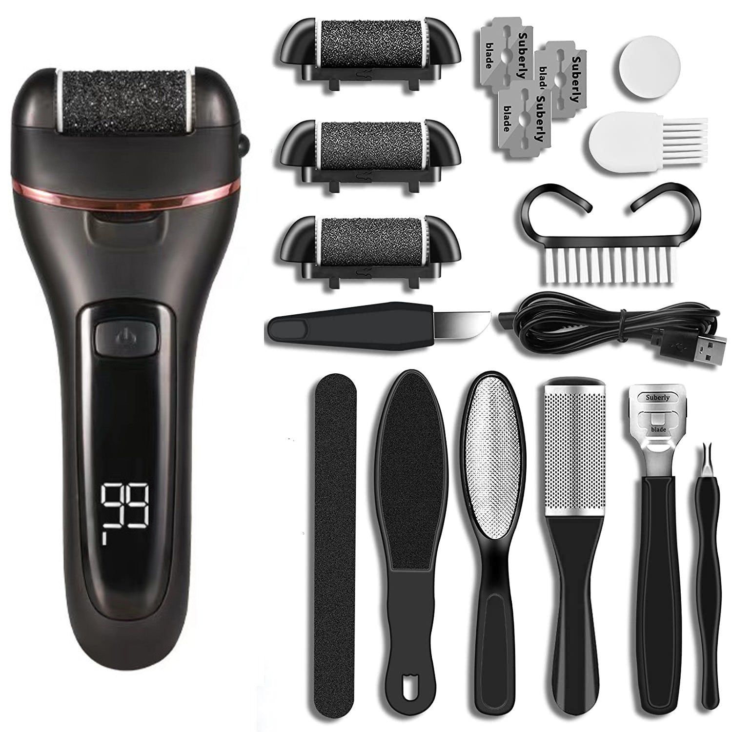Set of grooming tools including a black electric shaver and multiple attachments on a white background.