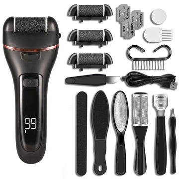 Set of grooming tools including a black electric shaver and multiple attachments on a white background.