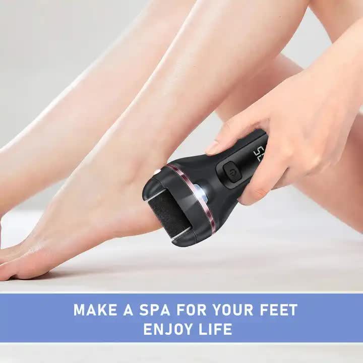 Person using a foot scrubber on their legs with a motivational quote at the bottom.