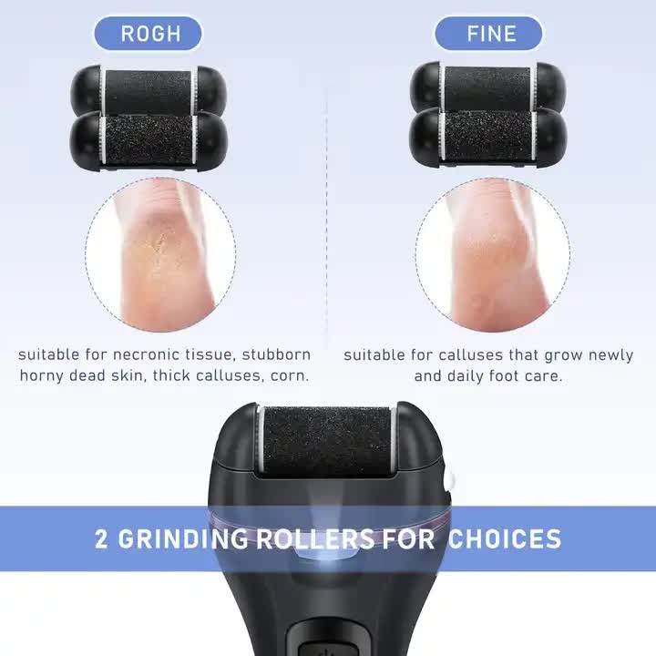 Foot care device with two grinding rollers labeled 'Rough' and 'Fine', showing before and after effects on skin.