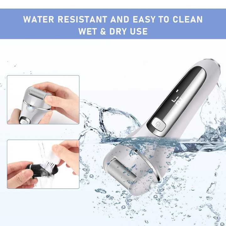 Electric shaver with water resistance and cleaning features, shown with water splashes and hands using it.
